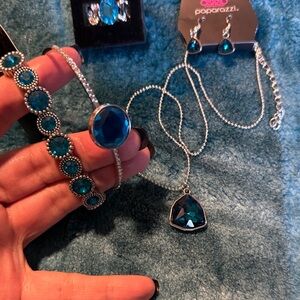Paparazzi 2 Silver Bracelets, 1 Necklace & Earrings, 1 Ring Turquoise color